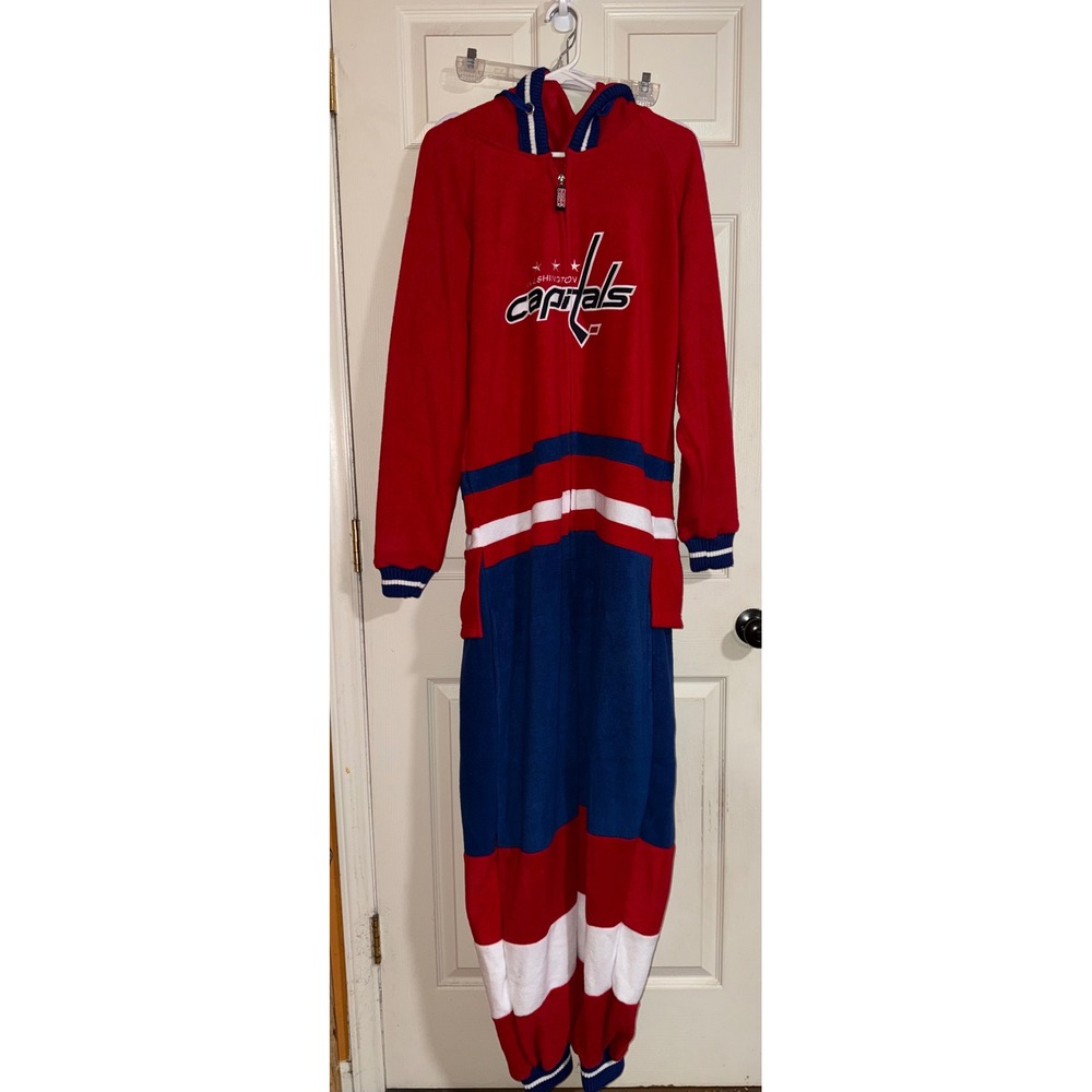 Hockey Sockey Washington Capitals NHL‎ Fleece Hooded Onesie Pajamas Red Blue L